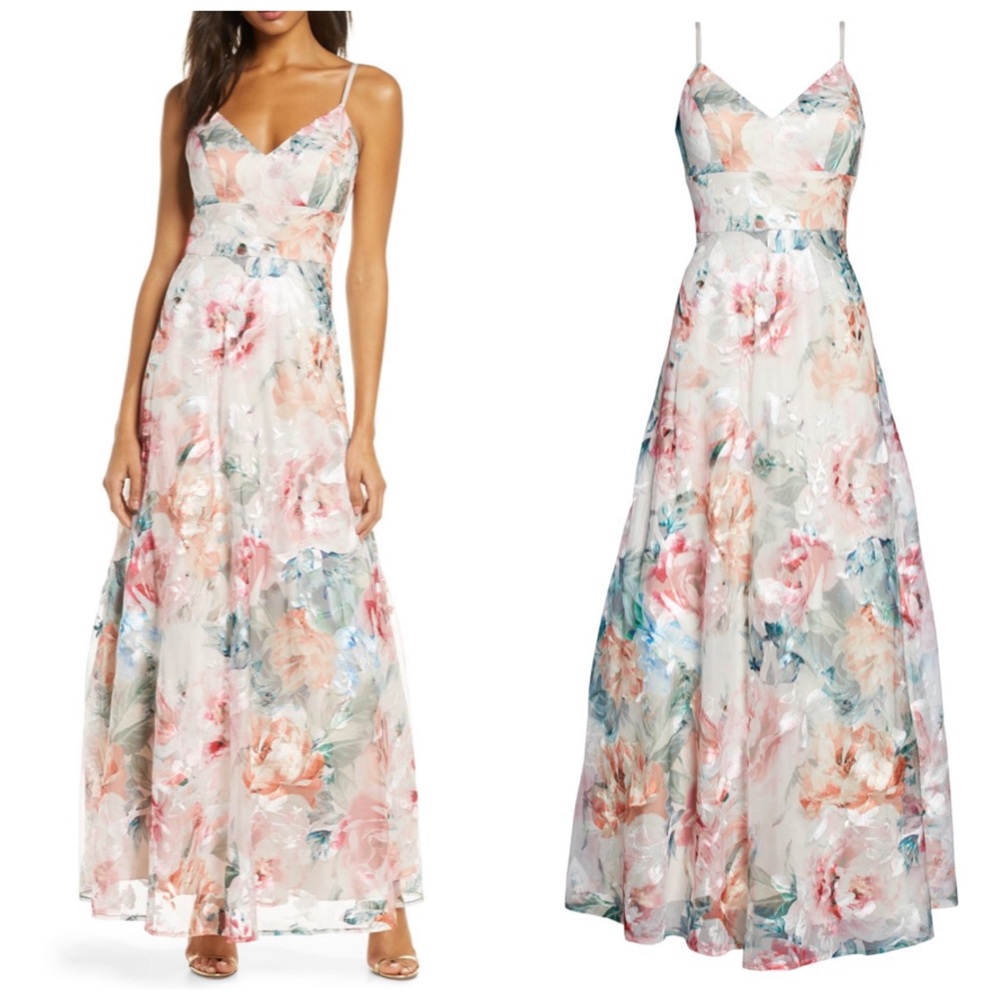 NWT Eliza J Floral Embroidered Mesh Gown
